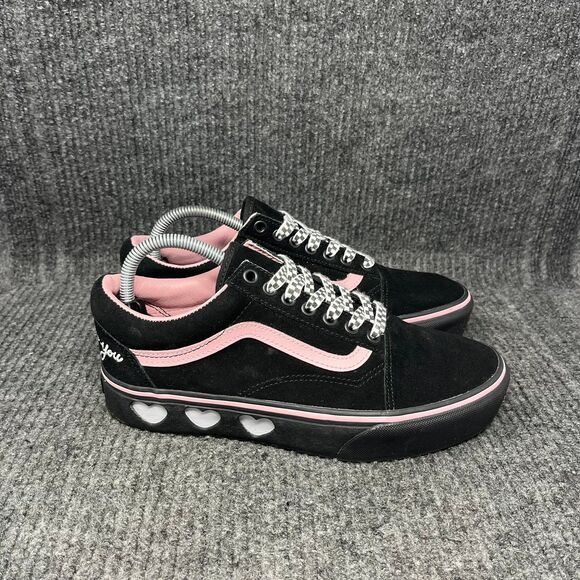 VANS X Lazy Oaf Old Skool Bad For You Black Suede Pink Hearts Shoes Womens 9.5 - Picture 1 of 8